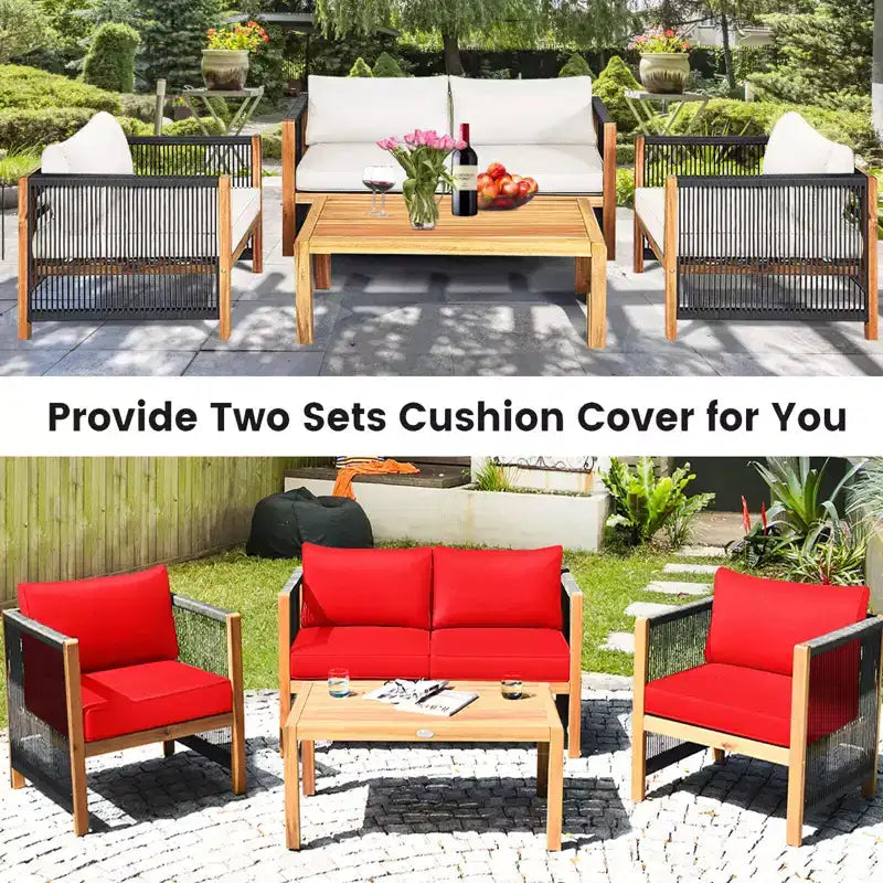 Costway Ensemble de Meubles de Patio Extérieur en Bois 8 Pièces avec Coussins Housse de Coussin Blanche et Rouge Blanc+Rouge/Turquoise