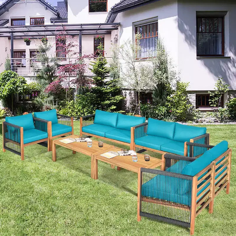 Costway Ensemble de Meubles de Patio Extérieur en Bois 8 Pièces avec Coussins Housse de Coussin Blanche et Rouge Blanc+Rouge/Turquoise