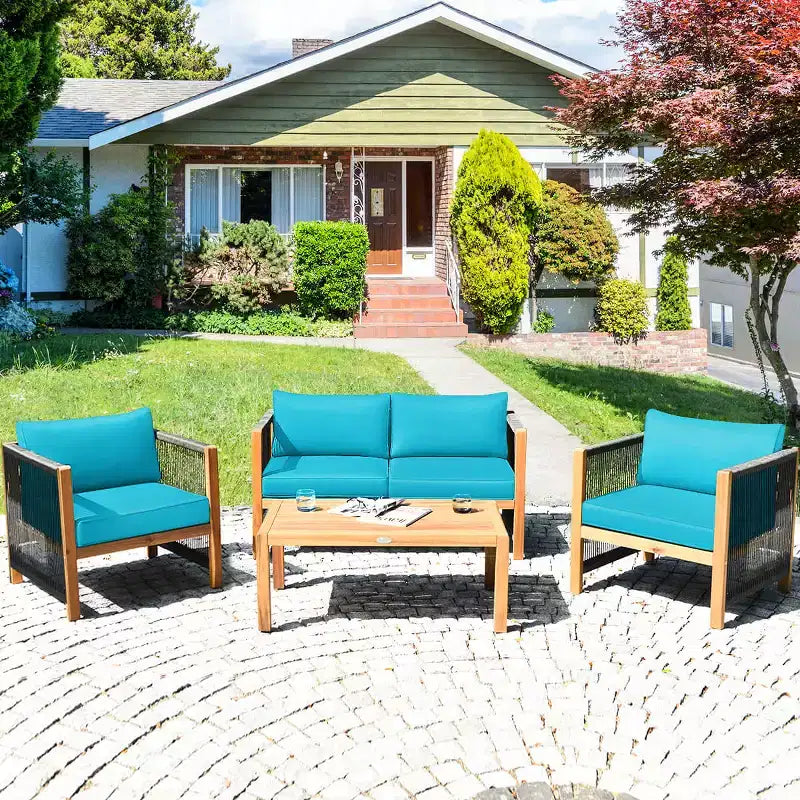 Costway Ensemble de Meubles de Patio Extérieur en Bois 8 Pièces avec Coussins Housse de Coussin Blanche et Rouge Blanc+Rouge/Turquoise