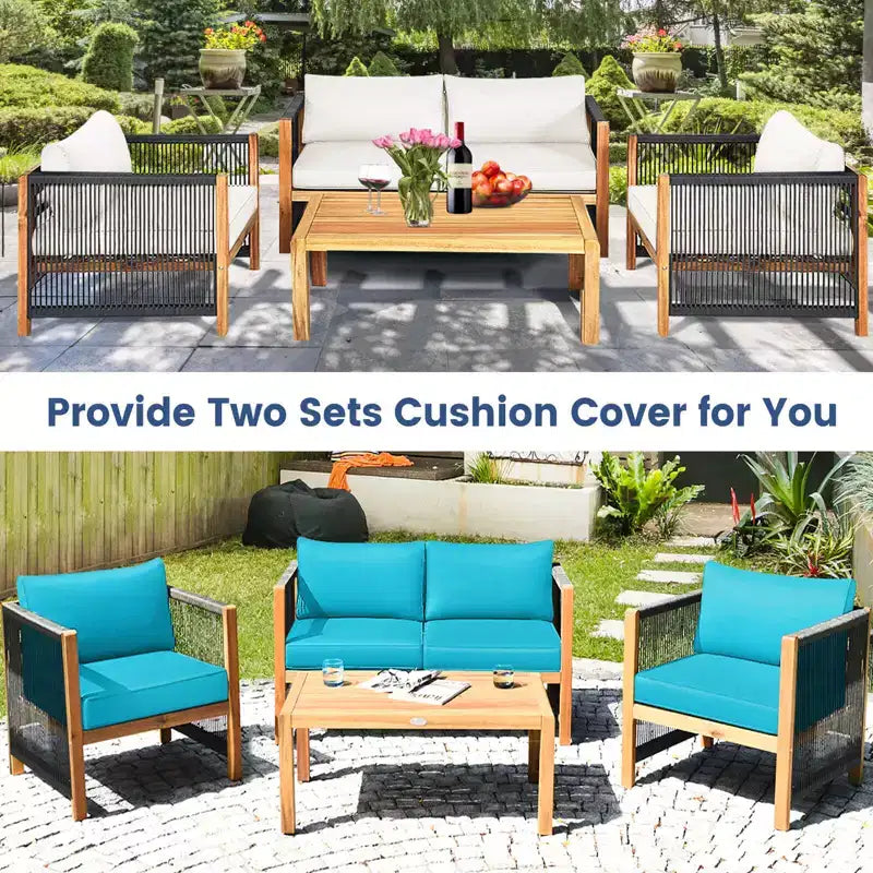 Costway Ensemble de Meubles de Patio Extérieur en Bois 8 Pièces avec Coussins Housse de Coussin Blanche et Rouge Blanc+Rouge/Turquoise