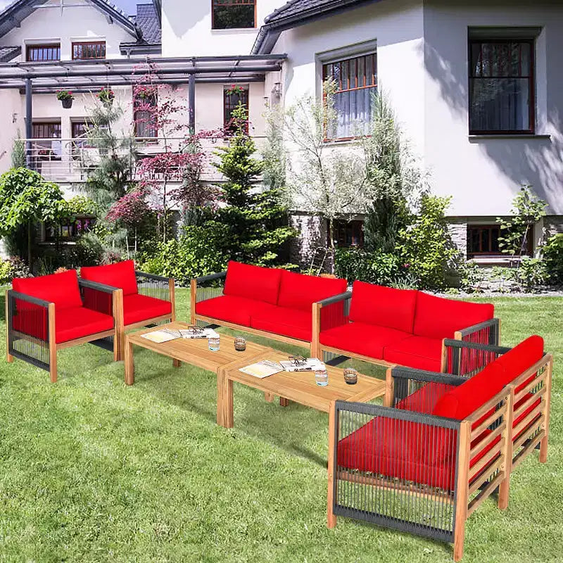 Costway Ensemble de Meubles de Patio Extérieur en Bois 8 Pièces avec Coussins Housse de Coussin Blanche et Rouge Blanc+Rouge/Turquoise