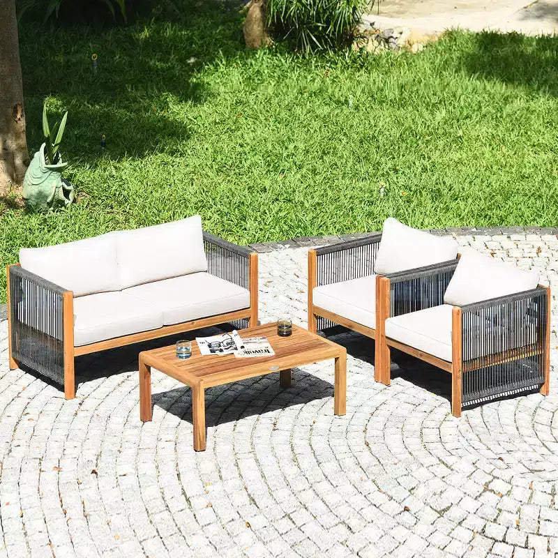 Costway Ensemble de Meubles de Patio Extérieur en Bois 8 Pièces avec Coussins Housse de Coussin Blanche et Rouge Blanc+Rouge/Turquoise
