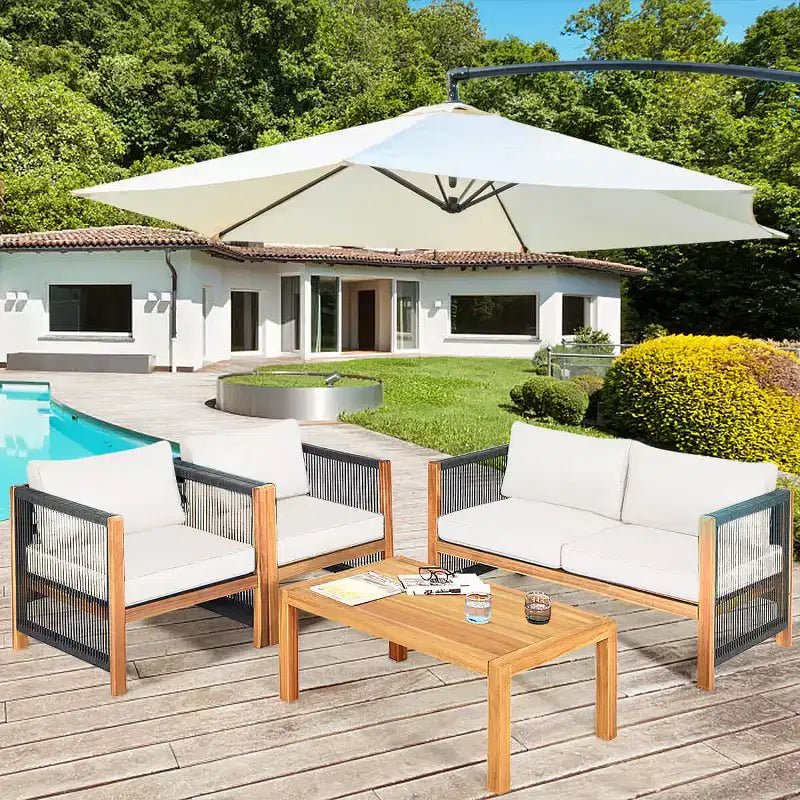 Costway Ensemble de Meubles de Patio Extérieur en Bois 8 Pièces avec Coussins Housse de Coussin Blanche et Rouge Blanc+Rouge/Turquoise