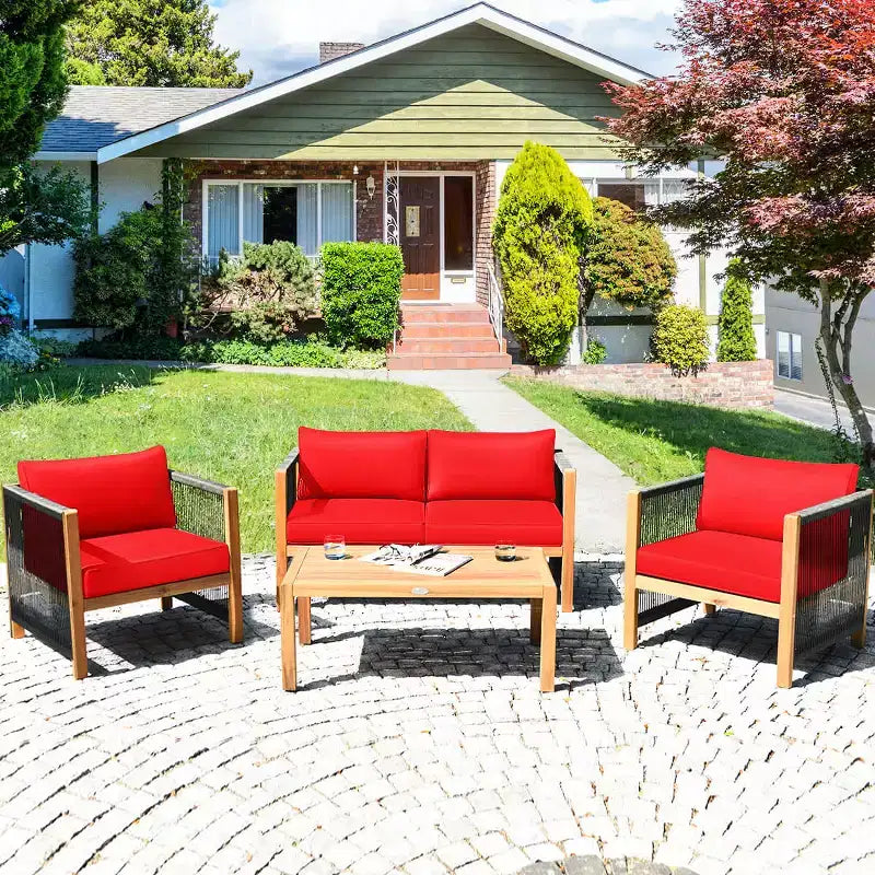 Costway Ensemble de Meubles de Patio Extérieur en Bois 8 Pièces avec Coussins Housse de Coussin Blanche et Rouge Blanc+Rouge/Turquoise