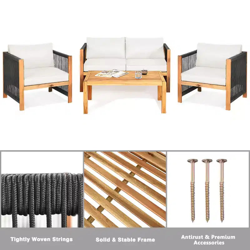 Costway Ensemble de Meubles de Patio Extérieur en Bois 8 Pièces avec Coussins Housse de Coussin Blanche et Rouge Blanc+Rouge/Turquoise