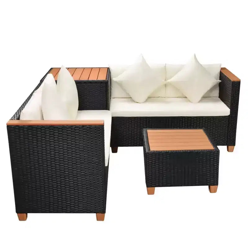 vidaXL Salon de jardin 4 pièces - Meubles de terrasse en résine tressée avec coussins et boîte de rangement, parfaits pour le jardin/la terrasse, noir et blanc crème