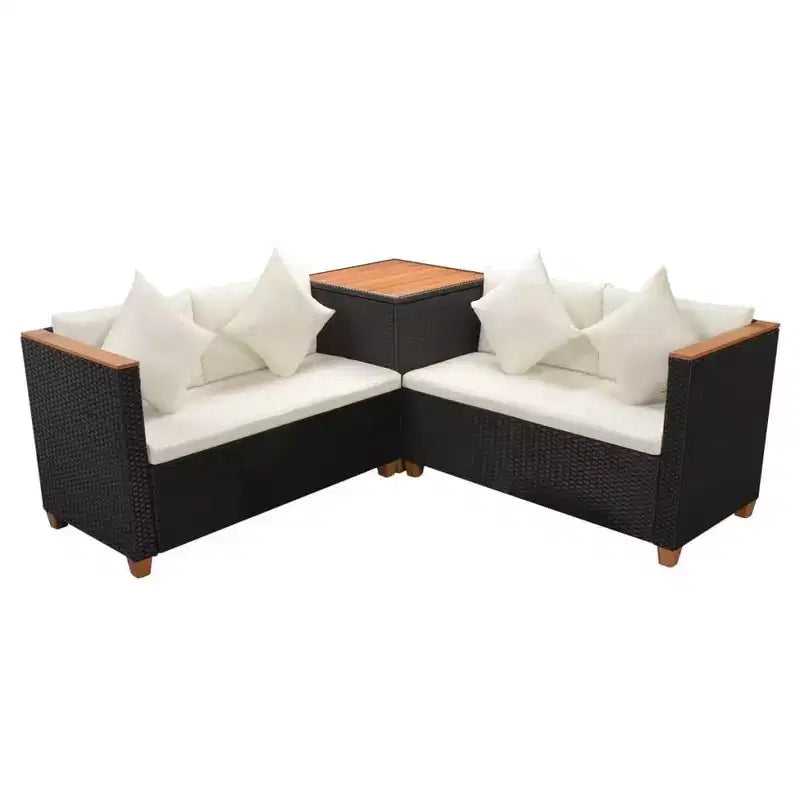 vidaXL Salon de jardin 4 pièces - Meubles de terrasse en résine tressée avec coussins et boîte de rangement, parfaits pour le jardin/la terrasse, noir et blanc crème
