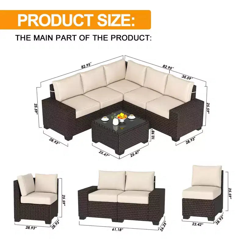 Acekool Ensemble de meubles de patio 6 pièces, canapé d'extérieur sectionnel en osier marron avec coussins, ensemble de conversation en rotin toutes saisons et table basse