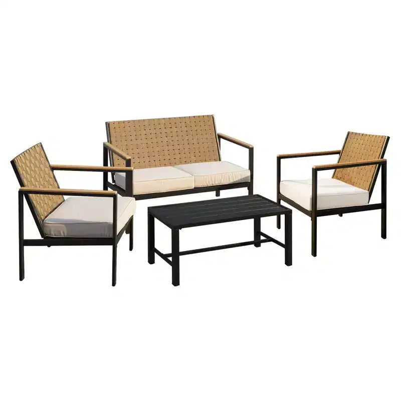 Bestier 4 Pieces Metal Patio Furniture Set, Outdoor Rattan Patio Conversation Sets with Soft Cushion for Garden, Backyard, Porch, Poolside