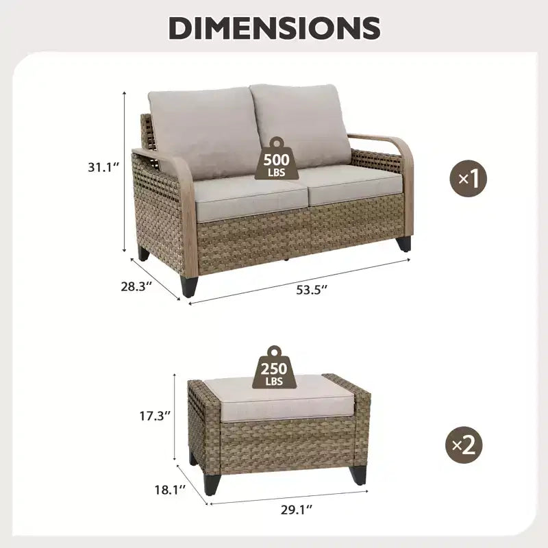 Ensemble de meubles de jardin en rotin, ensemble de sièges de patio, causeuse de patio avec pouf