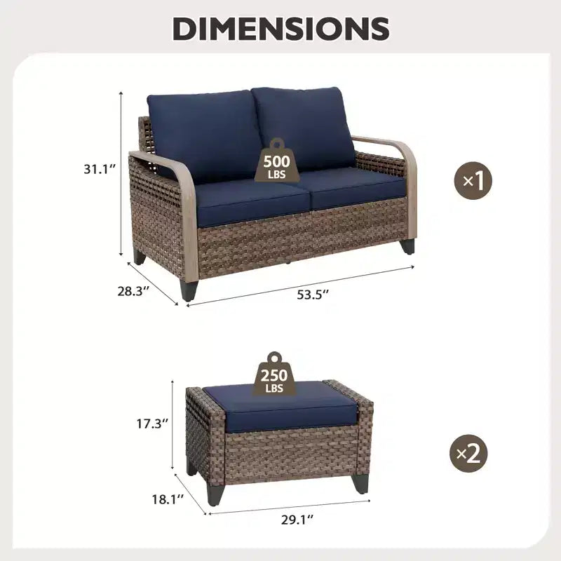 Ensemble de meubles de jardin en rotin, ensemble de sièges de patio, causeuse de patio avec pouf