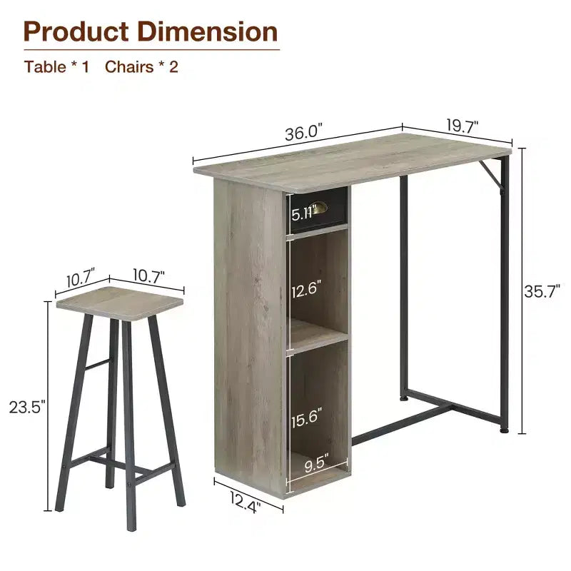 Ensemble table de bar 3 pièces Fulvari pour 2, petite table de salle à manger de cuisine avec 2 tabourets, ensemble table et chaises de bar hauteur comptoir avec tiroir de rangement