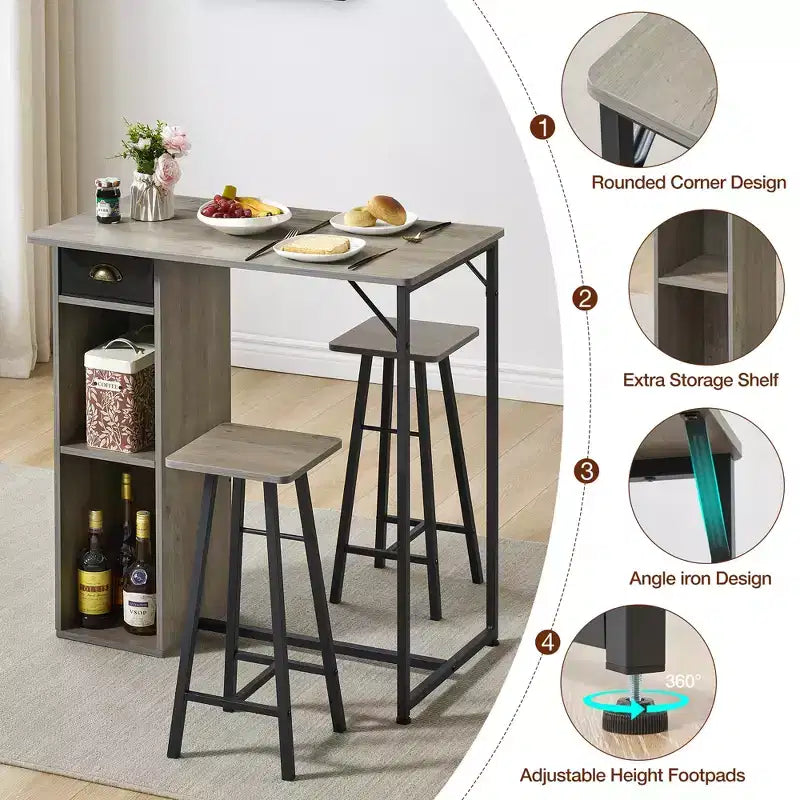 Ensemble table de bar 3 pièces Fulvari pour 2, petite table de salle à manger de cuisine avec 2 tabourets, ensemble table et chaises de bar hauteur comptoir avec tiroir de rangement
