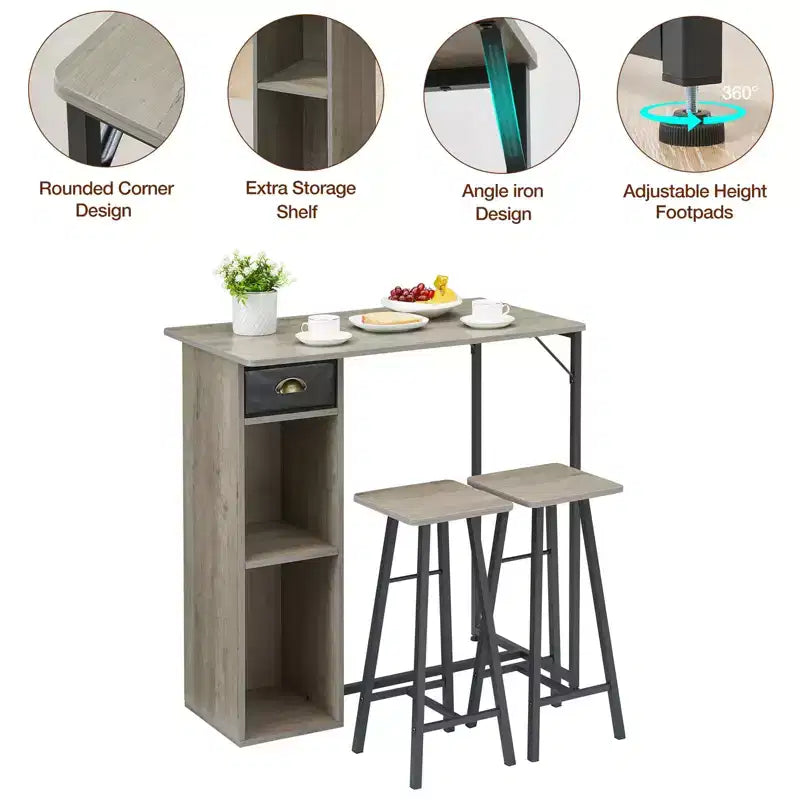 Ensemble table de bar 3 pièces Fulvari pour 2, petite table de salle à manger de cuisine avec 2 tabourets, ensemble table et chaises de bar hauteur comptoir avec tiroir de rangement