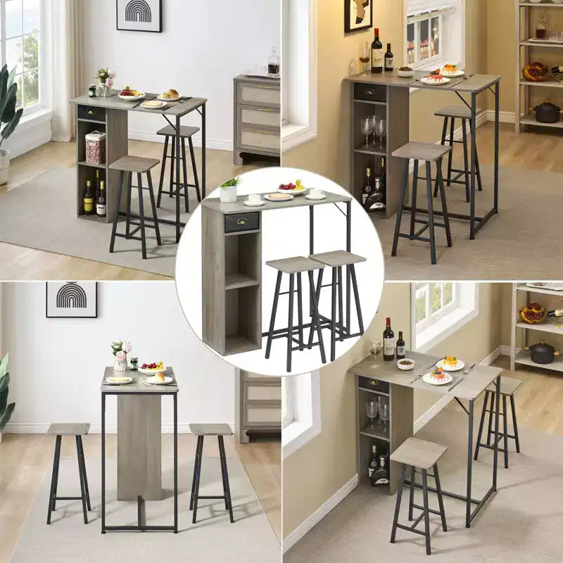 Ensemble table de bar 3 pièces Fulvari pour 2, petite table de salle à manger de cuisine avec 2 tabourets, ensemble table et chaises de bar hauteur comptoir avec tiroir de rangement