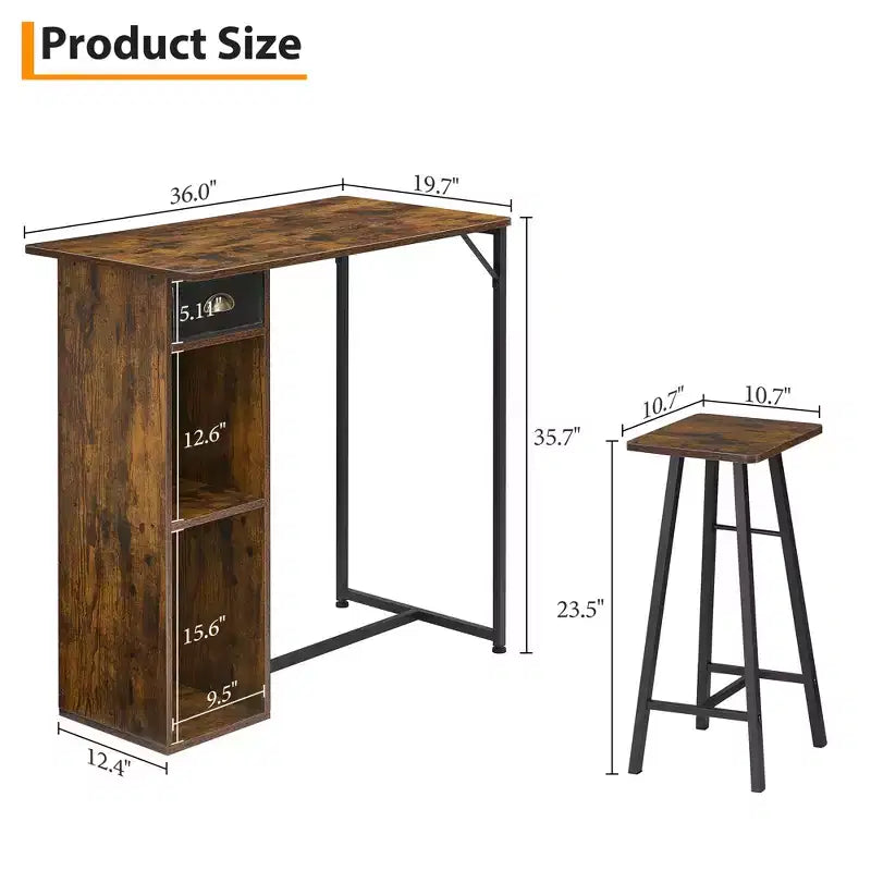 Ensemble table de bar 3 pièces Fulvari pour 2, petite table de salle à manger de cuisine avec 2 tabourets, ensemble table et chaises de bar hauteur comptoir avec tiroir de rangement