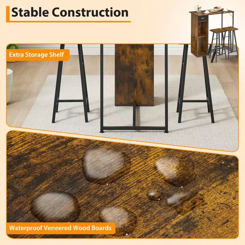 Ensemble table de bar 3 pièces Fulvari pour 2, petite table de salle à manger de cuisine avec 2 tabourets, ensemble table et chaises de bar hauteur comptoir avec tiroir de rangement