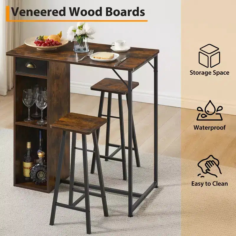 Ensemble table de bar 3 pièces Fulvari pour 2, petite table de salle à manger de cuisine avec 2 tabourets, ensemble table et chaises de bar hauteur comptoir avec tiroir de rangement