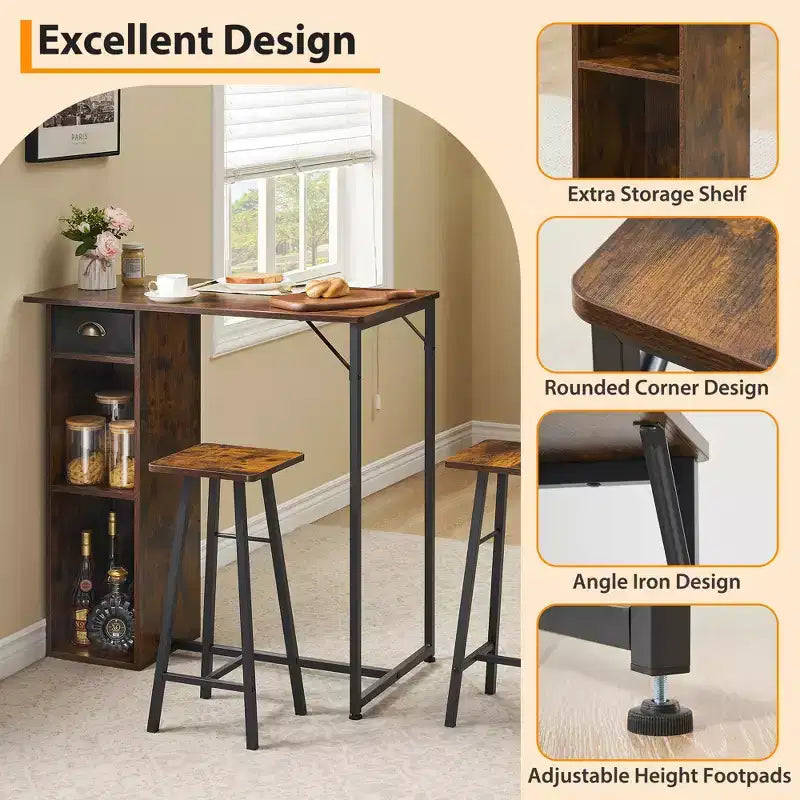 Ensemble table de bar 3 pièces Fulvari pour 2, petite table de salle à manger de cuisine avec 2 tabourets, ensemble table et chaises de bar hauteur comptoir avec tiroir de rangement