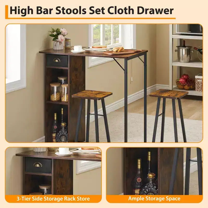 Ensemble table de bar 3 pièces Fulvari pour 2, petite table de salle à manger de cuisine avec 2 tabourets, ensemble table et chaises de bar hauteur comptoir avec tiroir de rangement