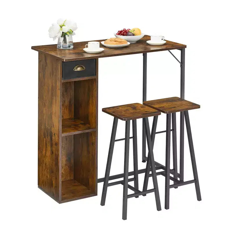 Ensemble table de bar 3 pièces Fulvari pour 2, petite table de salle à manger de cuisine avec 2 tabourets, ensemble table et chaises de bar hauteur comptoir avec tiroir de rangement