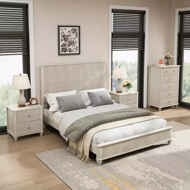 GDFStudio Doris 4 Piece Fluted Wood Bedroom Furniture Set