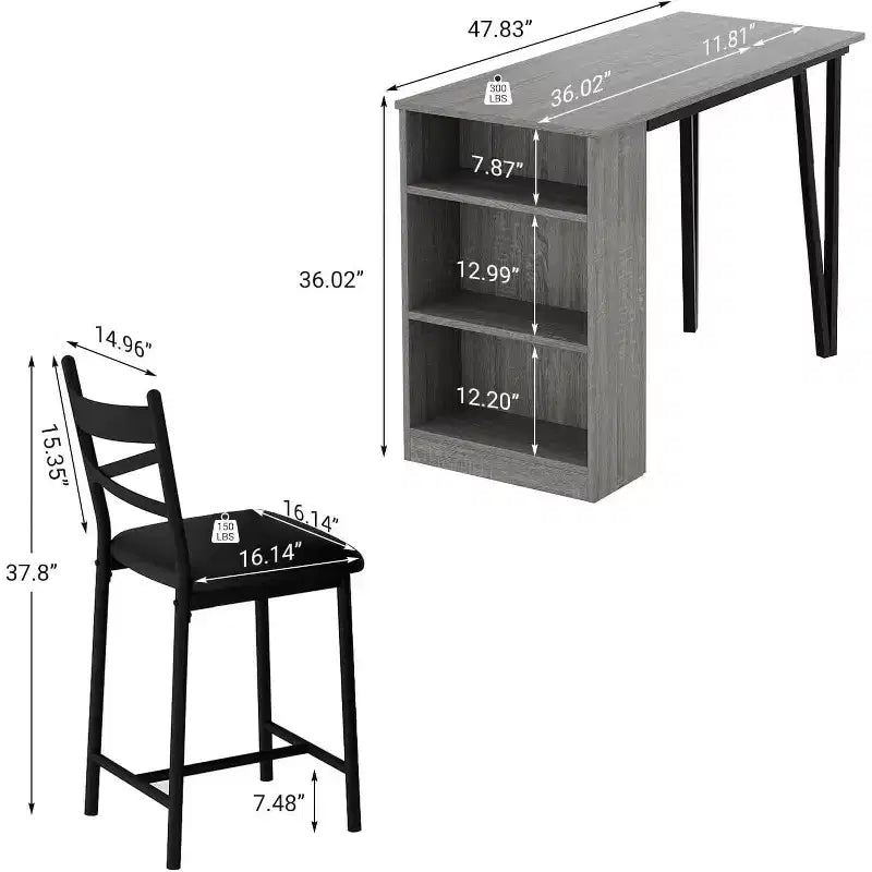 Acekool Ensemble table de salle à manger 3 pièces hauteur comptoir 91 cm avec 2 tabourets de bar et étagères de rangement, cuisine d'angle escamotable peu encombrante