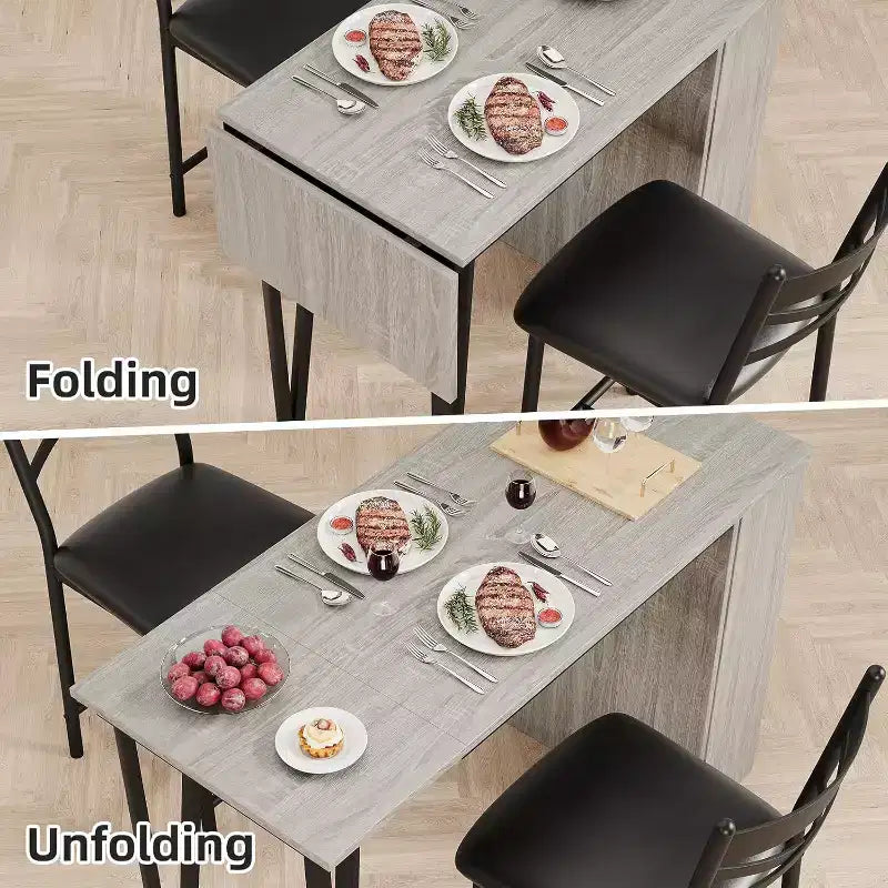 Acekool Ensemble table de salle à manger 3 pièces hauteur comptoir 91 cm avec 2 tabourets de bar et étagères de rangement, cuisine d'angle escamotable peu encombrante