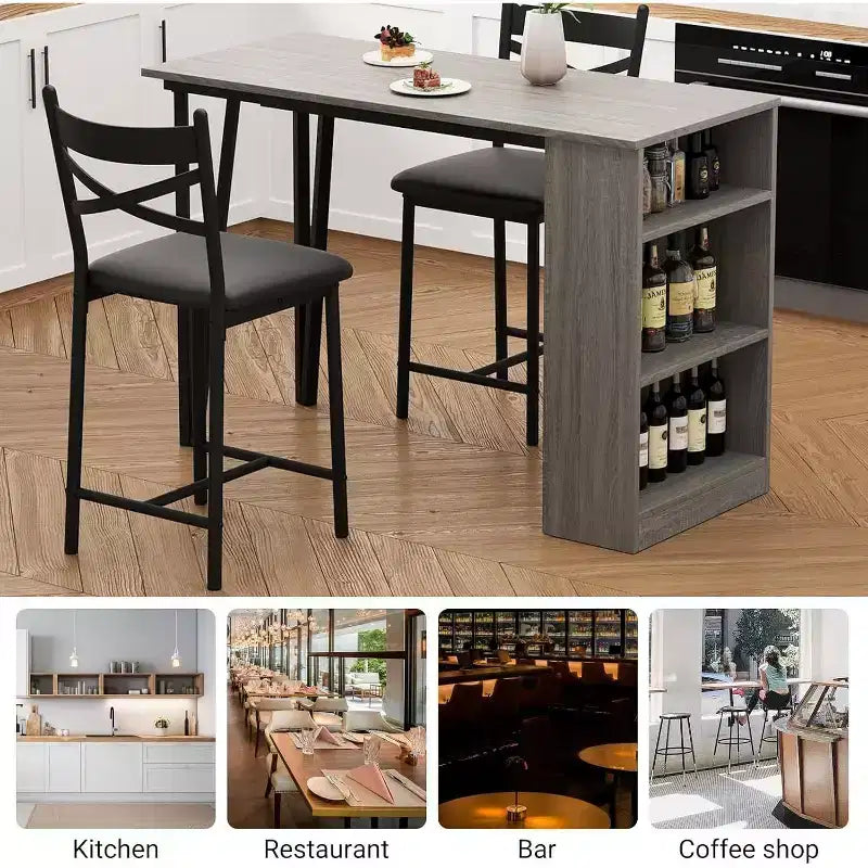 Acekool Ensemble table de salle à manger 3 pièces hauteur comptoir 91 cm avec 2 tabourets de bar et étagères de rangement, cuisine d'angle escamotable peu encombrante