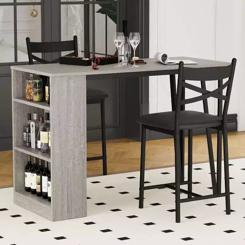 Acekool Ensemble table de salle à manger 3 pièces hauteur comptoir 91 cm avec 2 tabourets de bar et étagères de rangement, cuisine d'angle escamotable peu encombrante