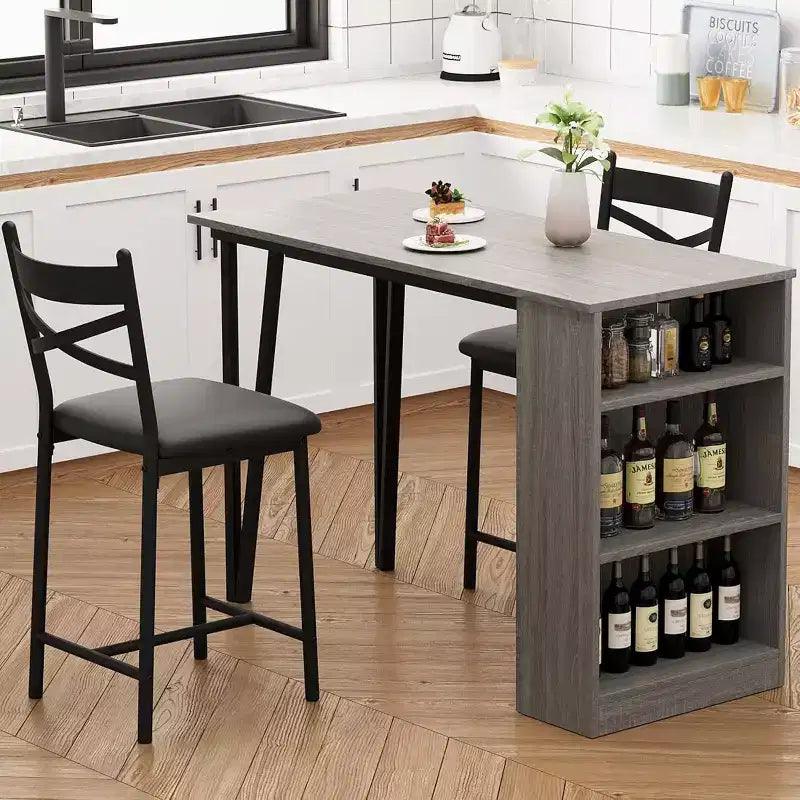 Acekool Ensemble table de salle à manger 3 pièces hauteur comptoir 91 cm avec 2 tabourets de bar et étagères de rangement, cuisine d'angle escamotable peu encombrante