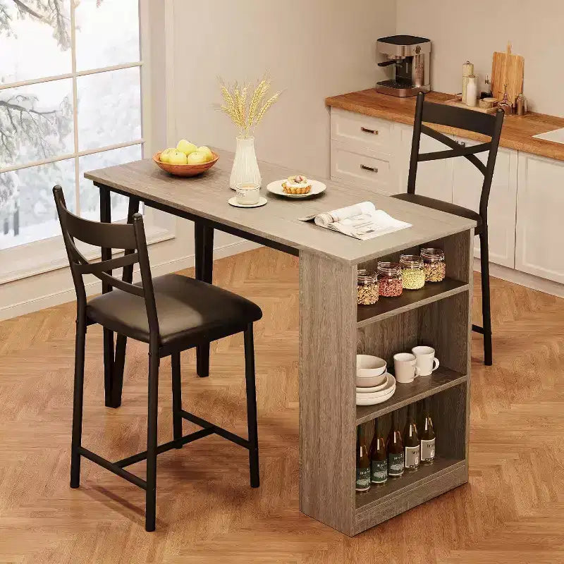 Acekool Ensemble table de salle à manger 3 pièces hauteur comptoir 91 cm avec 2 tabourets de bar et étagères de rangement, cuisine d'angle escamotable peu encombrante