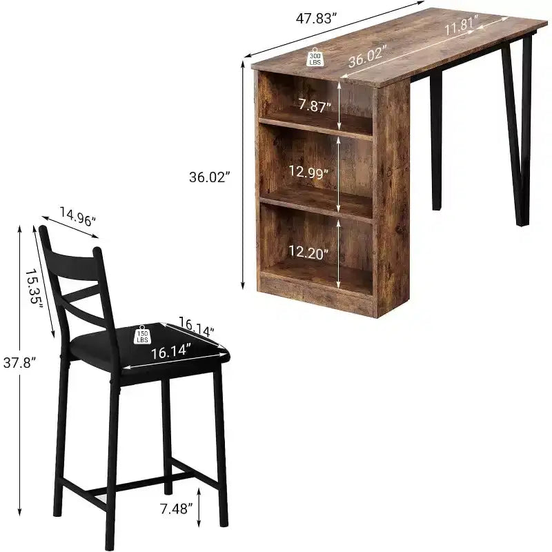 Acekool Ensemble table de salle à manger 3 pièces hauteur comptoir 91 cm avec 2 tabourets de bar et étagères de rangement, cuisine d'angle escamotable peu encombrante
