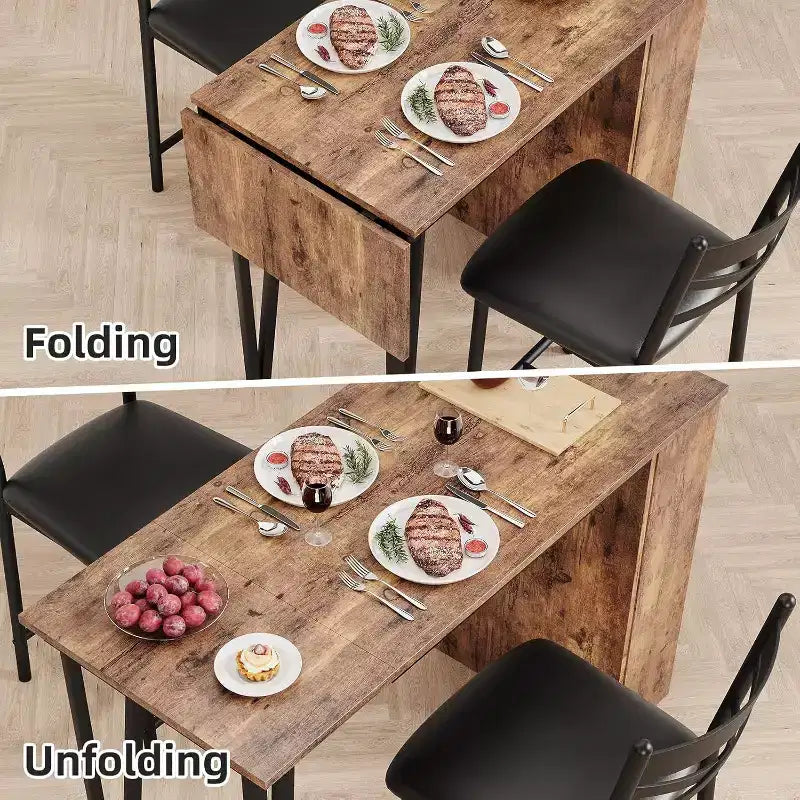 Acekool Ensemble table de salle à manger 3 pièces hauteur comptoir 91 cm avec 2 tabourets de bar et étagères de rangement, cuisine d'angle escamotable peu encombrante
