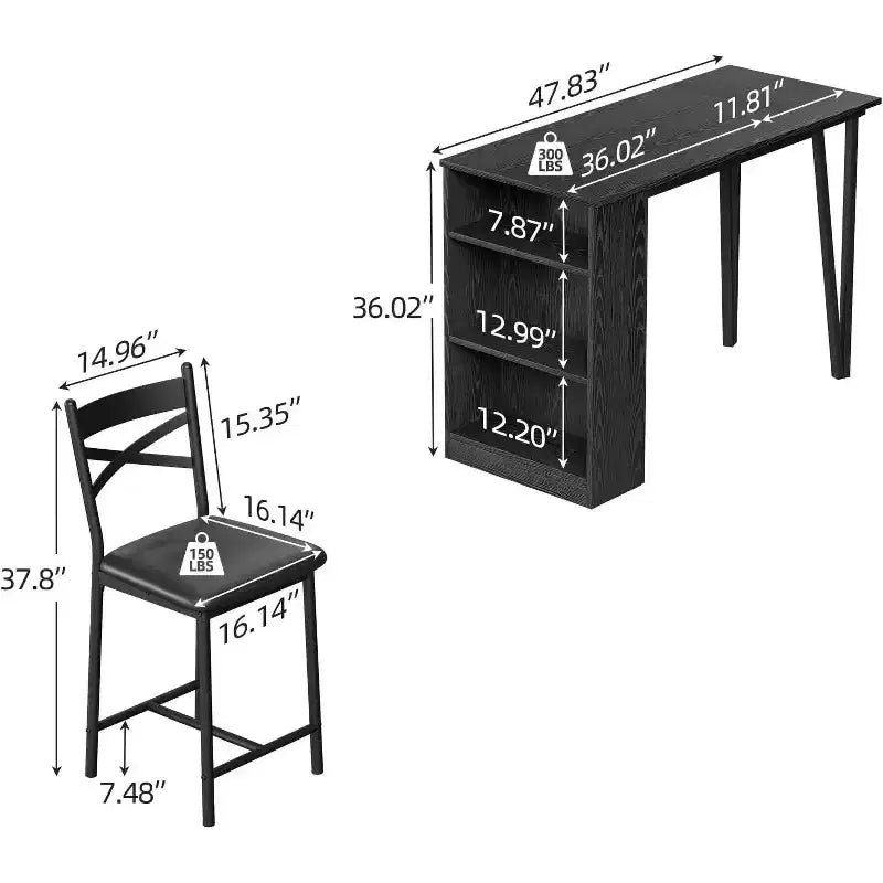 Acekool Ensemble table de salle à manger 3 pièces hauteur comptoir 91 cm avec 2 tabourets de bar et étagères de rangement, cuisine d'angle escamotable peu encombrante