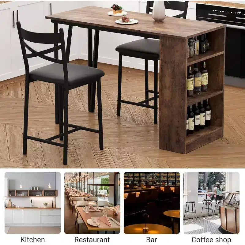 Acekool Ensemble table de salle à manger 3 pièces hauteur comptoir 91 cm avec 2 tabourets de bar et étagères de rangement, cuisine d'angle escamotable peu encombrante