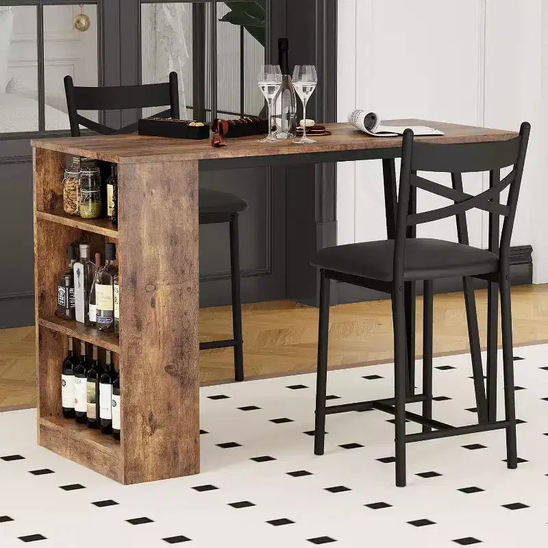 Acekool Ensemble table de salle à manger 3 pièces hauteur comptoir 91 cm avec 2 tabourets de bar et étagères de rangement, cuisine d'angle escamotable peu encombrante