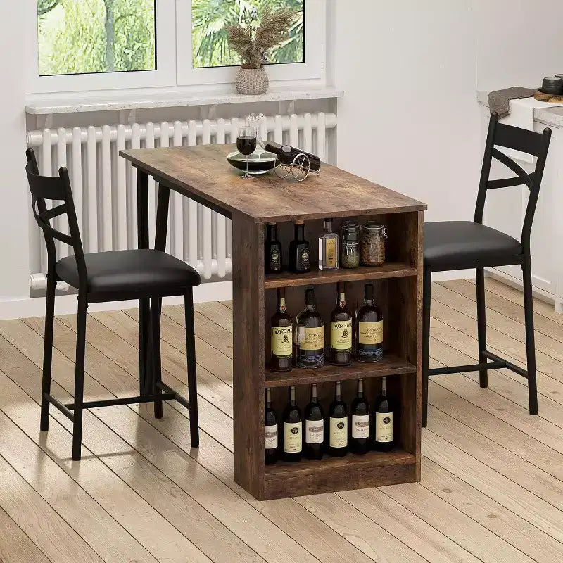 Acekool Ensemble table de salle à manger 3 pièces hauteur comptoir 91 cm avec 2 tabourets de bar et étagères de rangement, cuisine d'angle escamotable peu encombrante