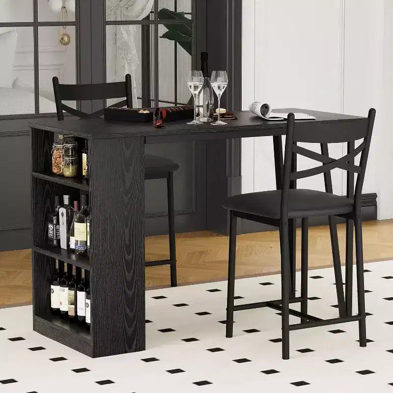 Acekool Ensemble table de salle à manger 3 pièces hauteur comptoir 91 cm avec 2 tabourets de bar et étagères de rangement, cuisine d'angle escamotable peu encombrante