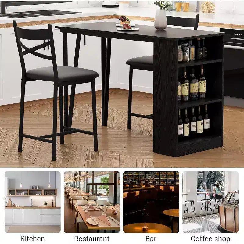 Acekool Ensemble table de salle à manger 3 pièces hauteur comptoir 91 cm avec 2 tabourets de bar et étagères de rangement, cuisine d'angle escamotable peu encombrante
