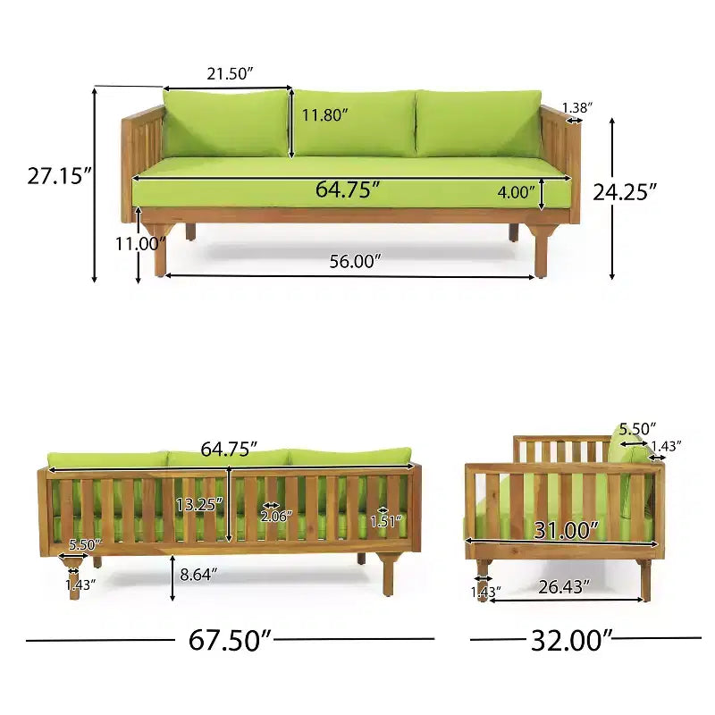 Ensembles de meubles de terrasse 2 pièces avec canapé vert 3 places de 171,45 cm de long et table ronde en bois d'acacia de 80 cm