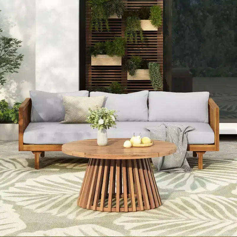 Ensembles de meubles de terrasse 2 pièces avec canapé vert 3 places de 171,45 cm de long et table ronde en bois d'acacia de 80 cm