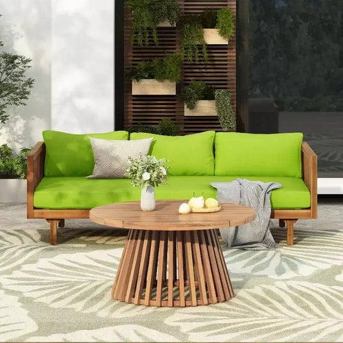 2 Pieces Patio Furniture Sets With 67.5 Length 3 Seater Green Sofa And 31.5 Round Acacia Wood Table
