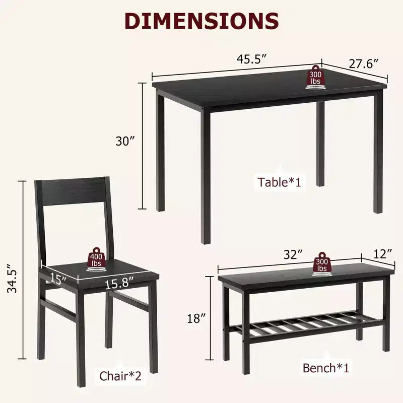 Ensemble table à manger pour 4, avec banc et 2 chaises