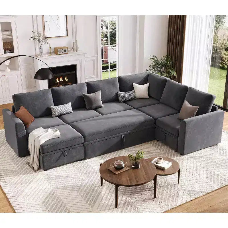 Acekool U-Shaped Chenille Sectional Sofa, Gray | Pull-Out Bed, 6-Piece Set with Ottoman & Hidden Storage | 44 Seat Depth