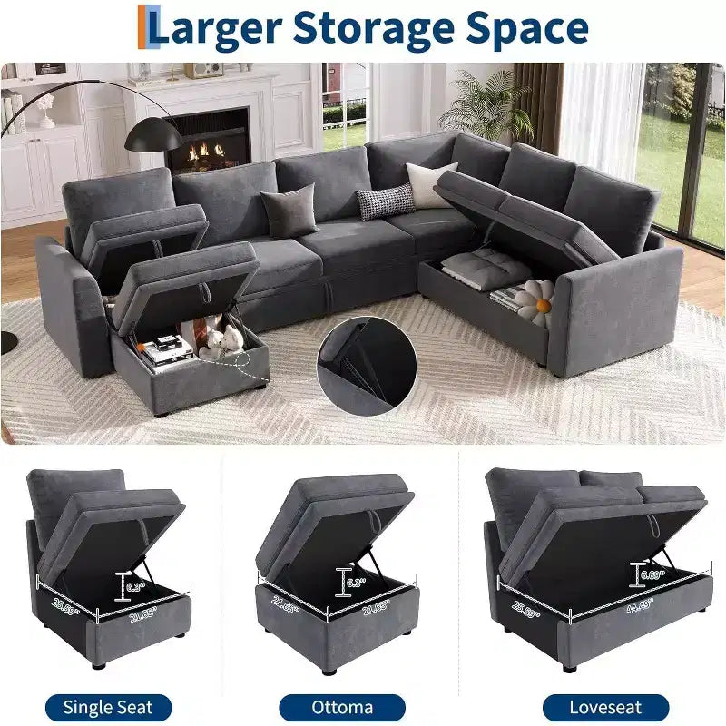 Canapé d'angle en chenille en U Acekool, gris | Lit gigogne, ensemble de 6 pièces avec pouf et rangement caché | Profondeur d'assise de 44 po