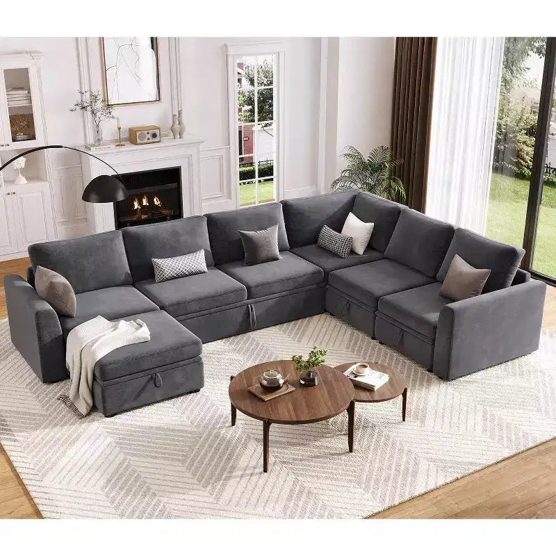 Canapé d'angle en chenille en U Acekool, gris | Lit gigogne, ensemble de 6 pièces avec pouf et rangement caché | Profondeur d'assise de 44 po
