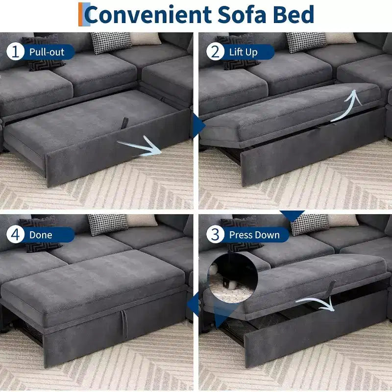 Canapé d'angle en chenille en U Acekool, gris | Lit gigogne, ensemble de 6 pièces avec pouf et rangement caché | Profondeur d'assise de 44 po