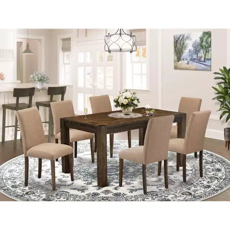 HomeStock Belmont 7Pc Dining Room Table Set , Rectangle Table and 6 Parson Chairs with Light Sable Color Linen Fabric, Distressed Jacobean Finish