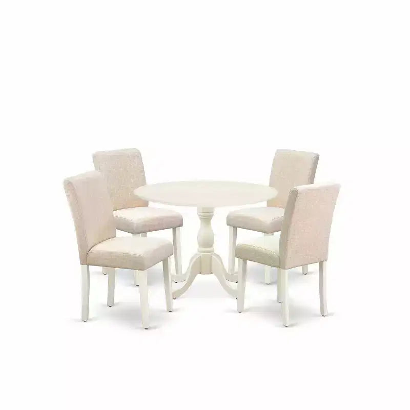 Ensemble de salle à manger moderne 5 pièces HomeStock Belmont – 1 table de salle à manger à rallonges et 4 chaises de salle à manger en tissu lin beige clair – Finition blanc lin